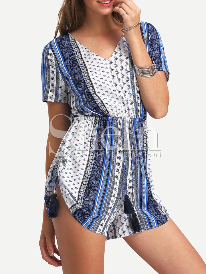 Shein Multicolor Boho Print Tassel Split Back Jumpsuit