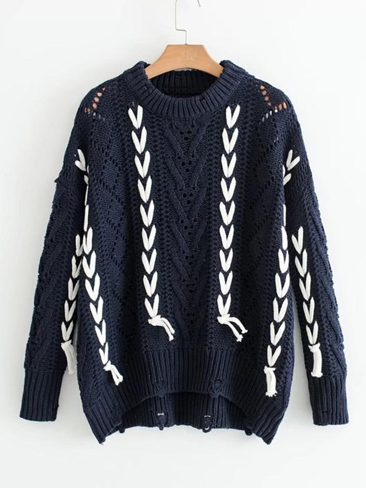 Shein Lace Up Ripped Pointelle Sweater