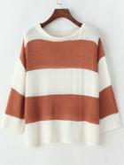 Shein Khaki White Round Neck Striped Knit Sweater