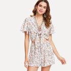 Shein Knot Cutout Front Flutter Sleeve Floral Romper