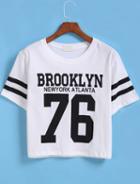 Shein White Short Sleeve Brooklyn 76 Print Crop T-shirt