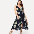 Shein Plus Surplice Neck Floral Ruffle Hem Dress