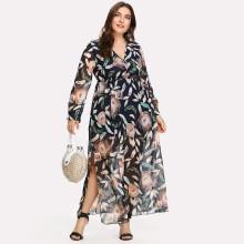 Shein Plus Feather Print Slit Side Surplice Dress
