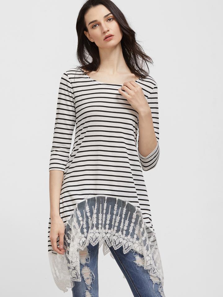 Shein Contrast Embroidered Mesh Asymmetric Hem Striped T-shirt