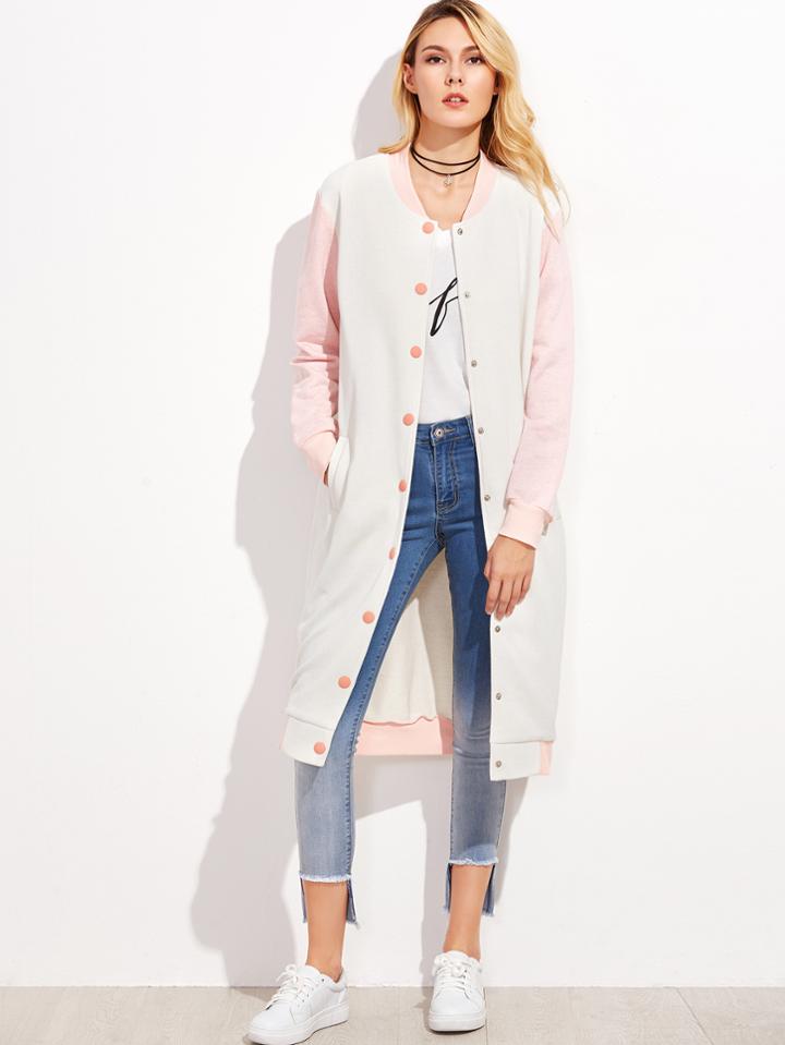 Shein White Contrast Sleeve Longline Baseball Coat