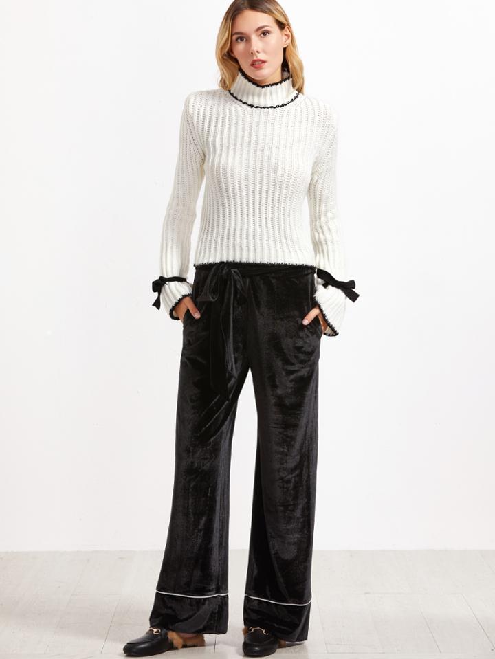 Shein Black Self Belt Contrast Piping Wide Leg Velvet Pants