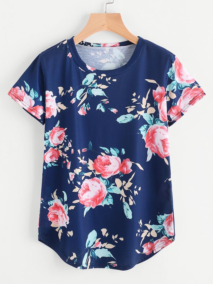 Shein Florals Curved Hem Tee