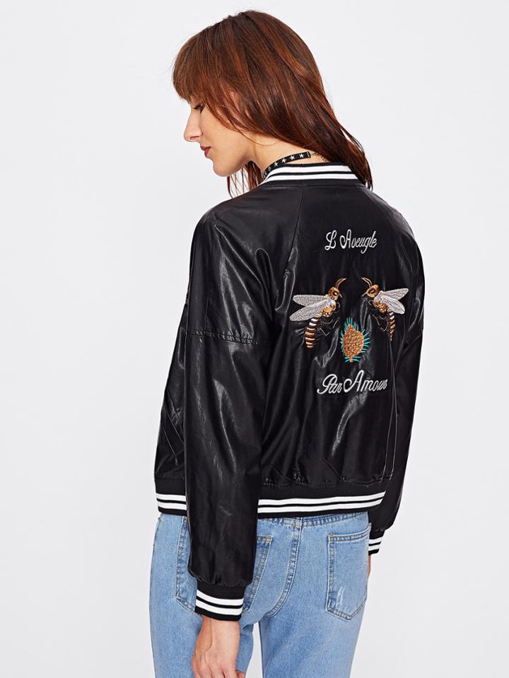 Shein Bee Embroidery Striped Trim Pu Bomber Jacket