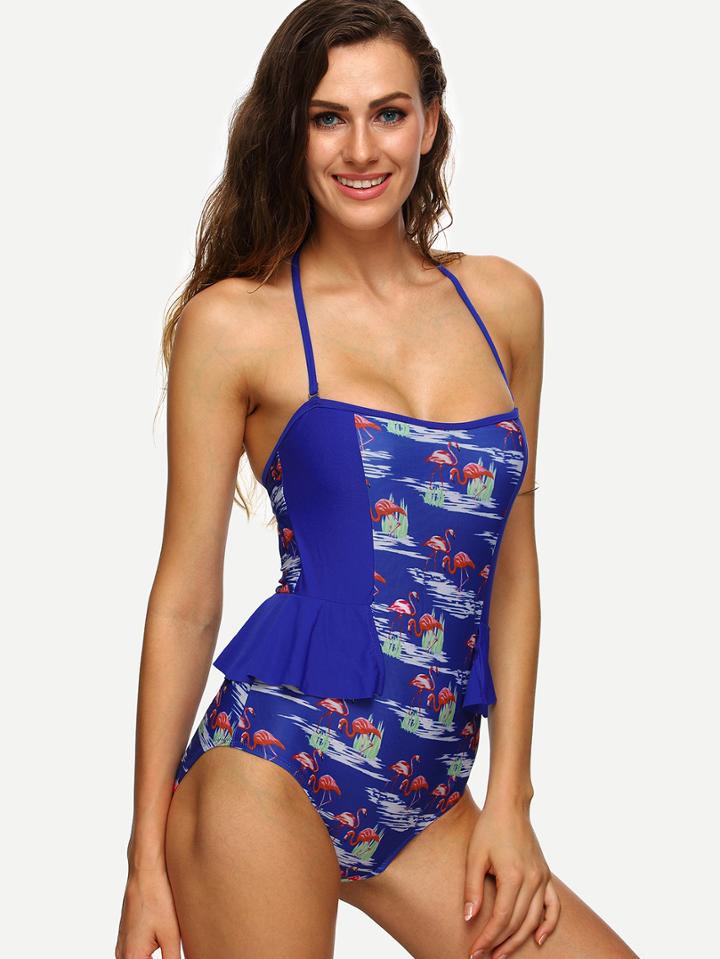 Shein Blue Flamingos Print Peplum One-piece Swimwear
