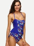 Shein Blue Flamingos Print Peplum One-piece Swimwear