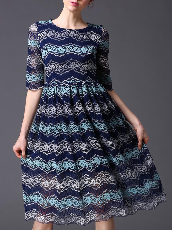 Shein Navy Half Sleeve Zag Lace A-line Dress