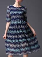 Shein Navy Half Sleeve Zag Lace A-line Dress