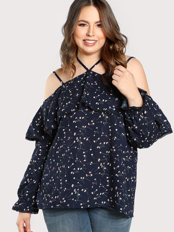Shein Halter Cold Shoulder Ruffle Floral Top