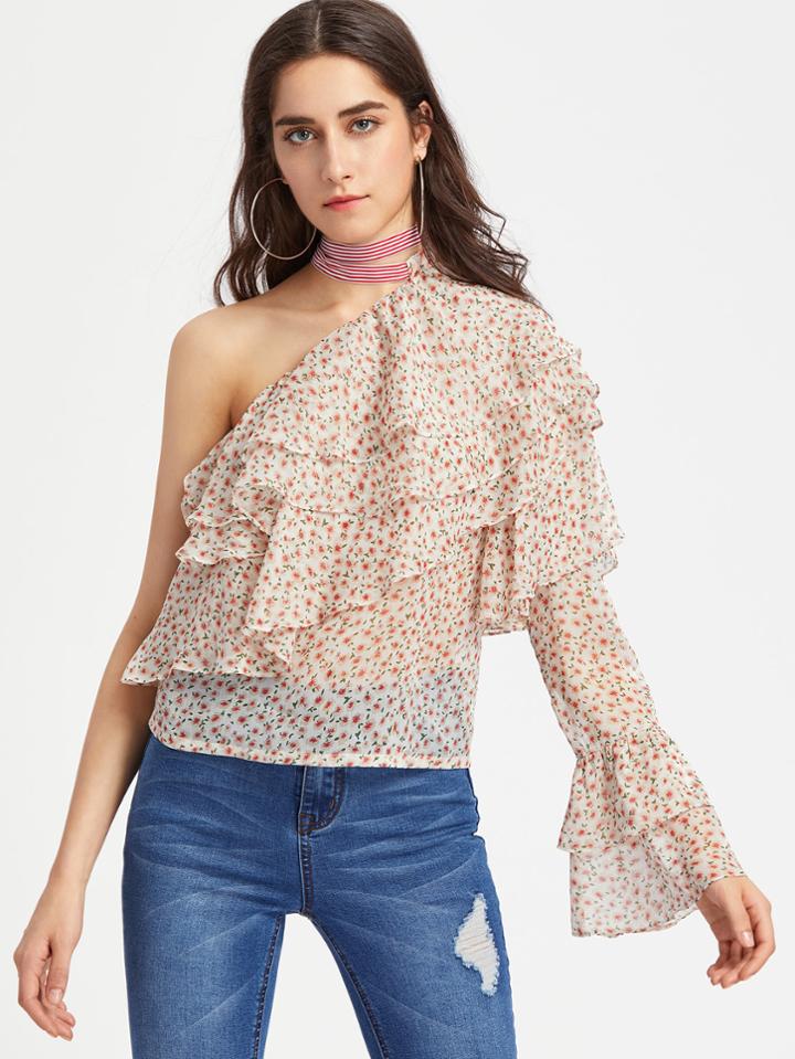 Shein Oblique Shoulder Layered Frill Ditsy Top