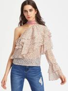 Shein Oblique Shoulder Layered Frill Ditsy Top