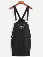 Shein Black Cat Embroidery Overall Dress With Pocket