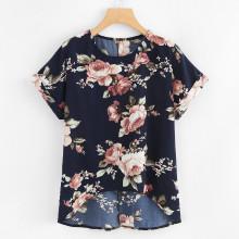 Shein Rolled Cuff Floral Print Dip Hem Blouse