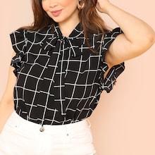 Shein Plus Frilled Trim Tied Neck Grid Blouse