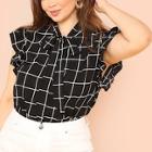 Shein Plus Frilled Trim Tied Neck Grid Blouse