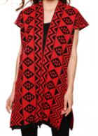 Rosewe Short Sleeve Tribal Print Side Slit Red Cardigan