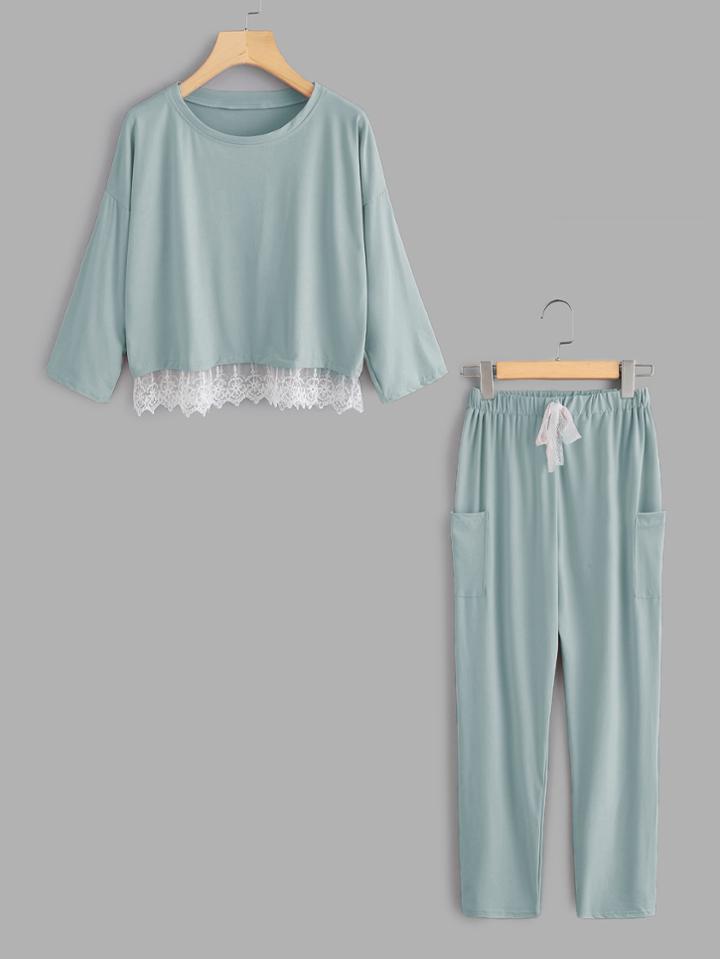Shein Lace Hem Pullover Pajama Set