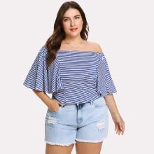 Shein Plus Bardot Flutter Sleeve Striped Tee
