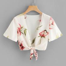 Shein Floral Print Knot Hem Top