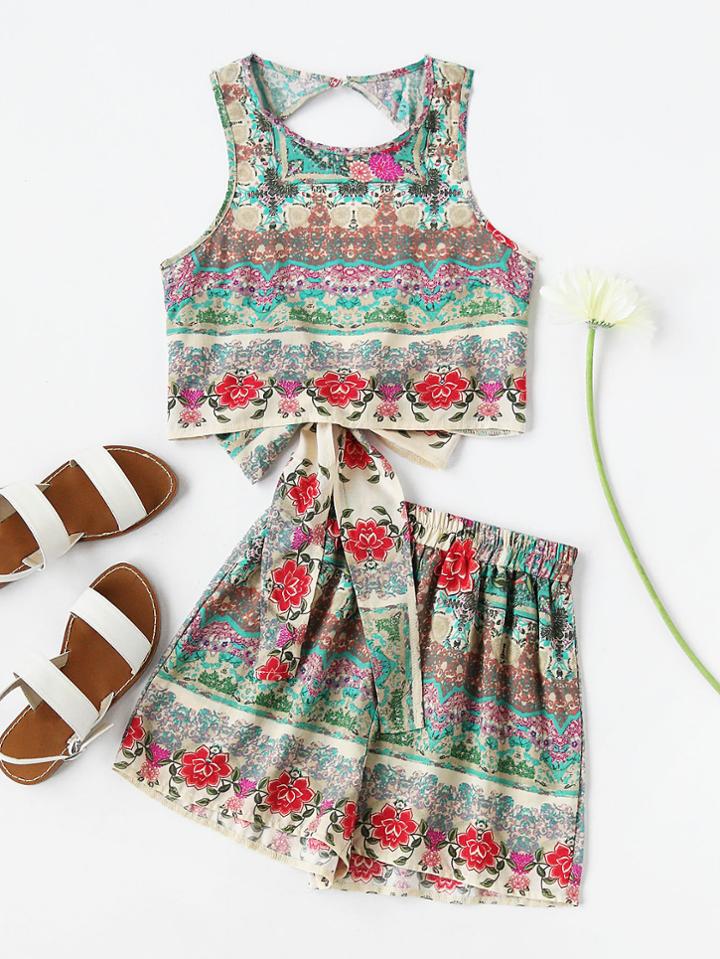 Shein Bow Tie Open Back Tank Top With Shorts
