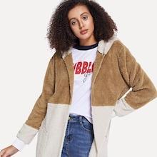 Shein Contrast Panel Teddy Hooded Coat