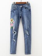 Shein Knee Ripped Embroidery Jeans
