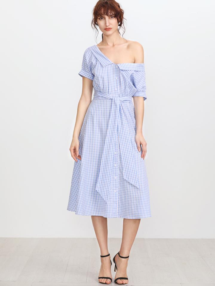 Shein Blue Gingham Collared Double V Neck Belted Shirt Dress