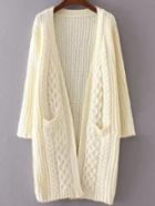 Shein Beige Collarless Cable Knit Pocket Sweater Coat