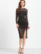 Shein Black Sheer Sleeve Slit Front Floral Lace Dress