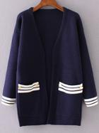 Shein Navy Striped Trim Front Pocket Cardigan
