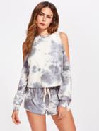 Shein Open Shoulder Tie Dye Sweatshirt And Drawstring Shorts Co-ord