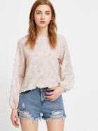 Shein Apricot Embroidered Flower Applique Bishop Sleeve Scalloped Top
