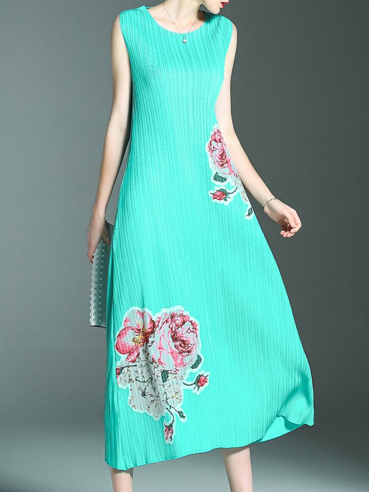 Shein Green Pleated Elastic Flowers Print Dresss