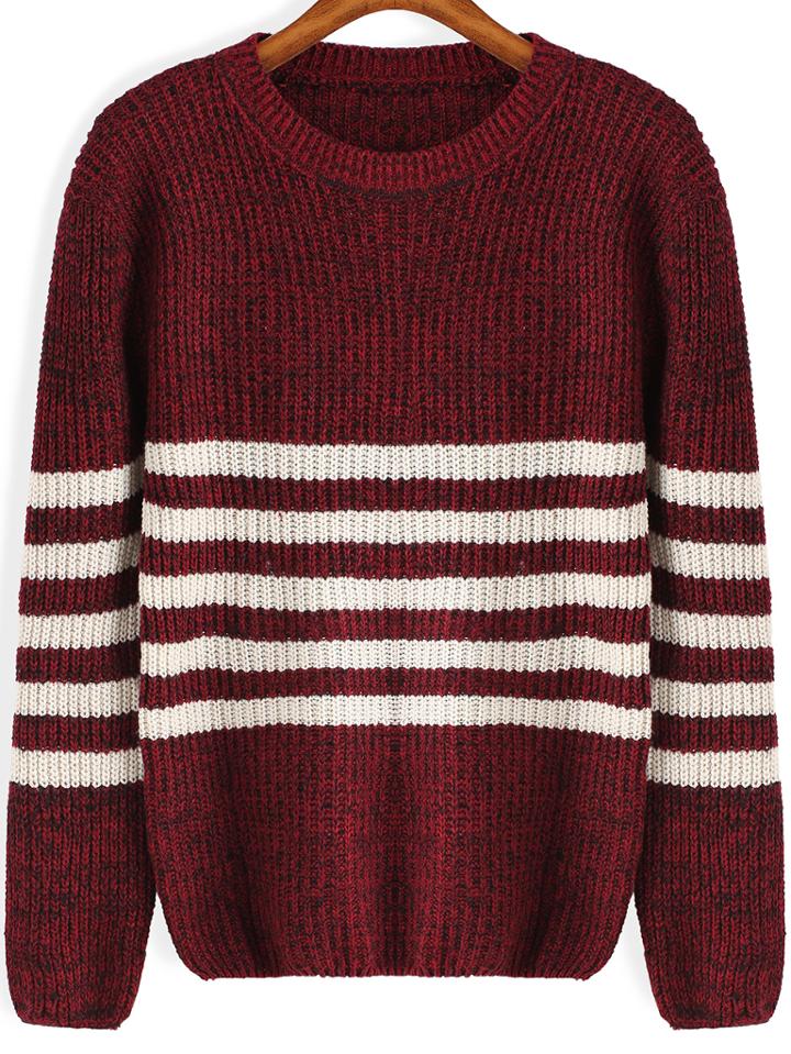 Shein Round Neck Striped Knit Red Sweater