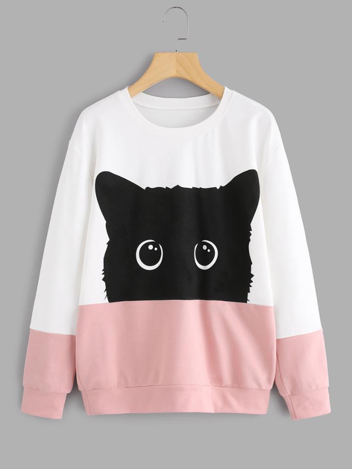 Shein Cat Print Cut & Sew Panel Pullover