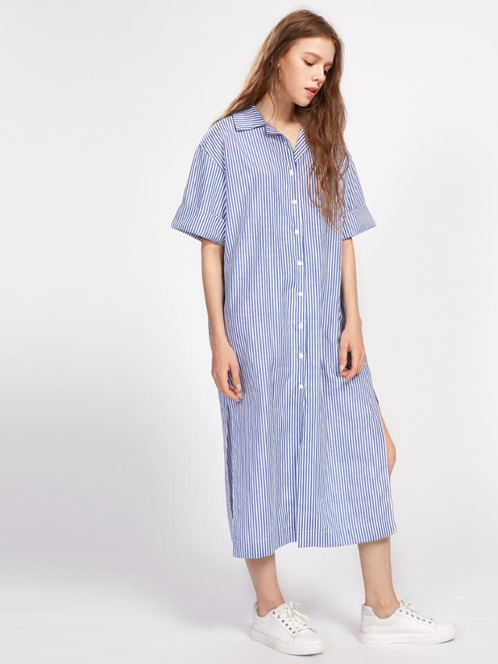 Shein Vertical Striped Revere Collar Slit Side Shirt Dress