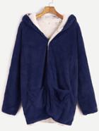 Shein Navy Hooded Fuzzy Coat With Pockets