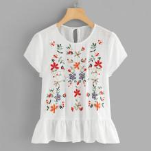 Shein Flower Embroidered Ruffle Hem Top