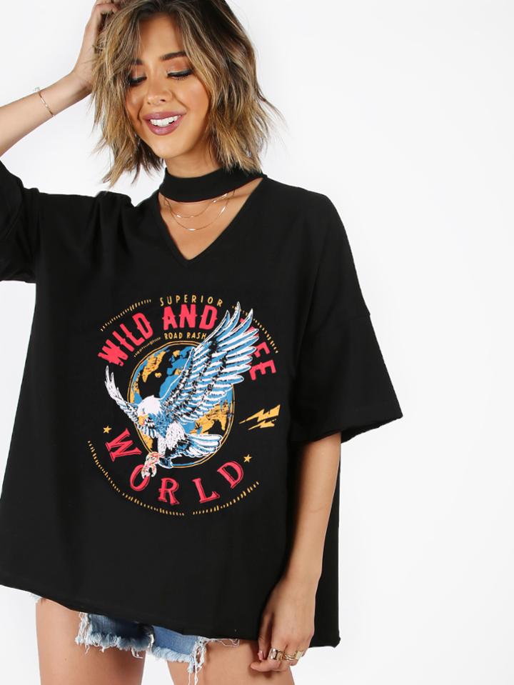 Shein Choker Neck Drop Shoulder Eagle Print Tee