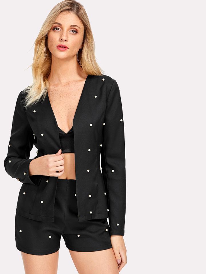 Shein Pearl Beading Blazer With Shorts