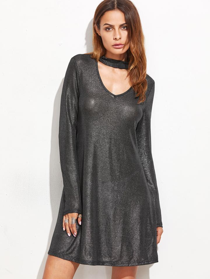 Shein Black Cutout Choker Swing Sparkle Dress