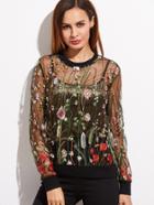 Shein Black Botanical Embroidered Organza Sweatshirt