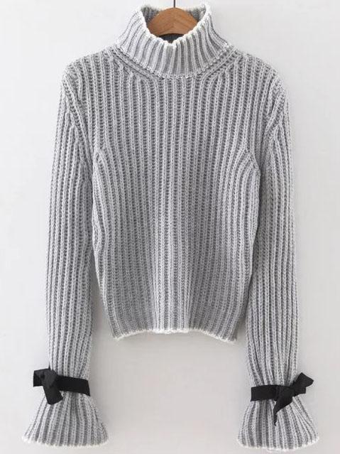 Shein Grey Turtle Neck Bow Embellished Bell Sleeve Sweater