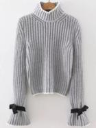 Shein Grey Turtle Neck Bow Embellished Bell Sleeve Sweater