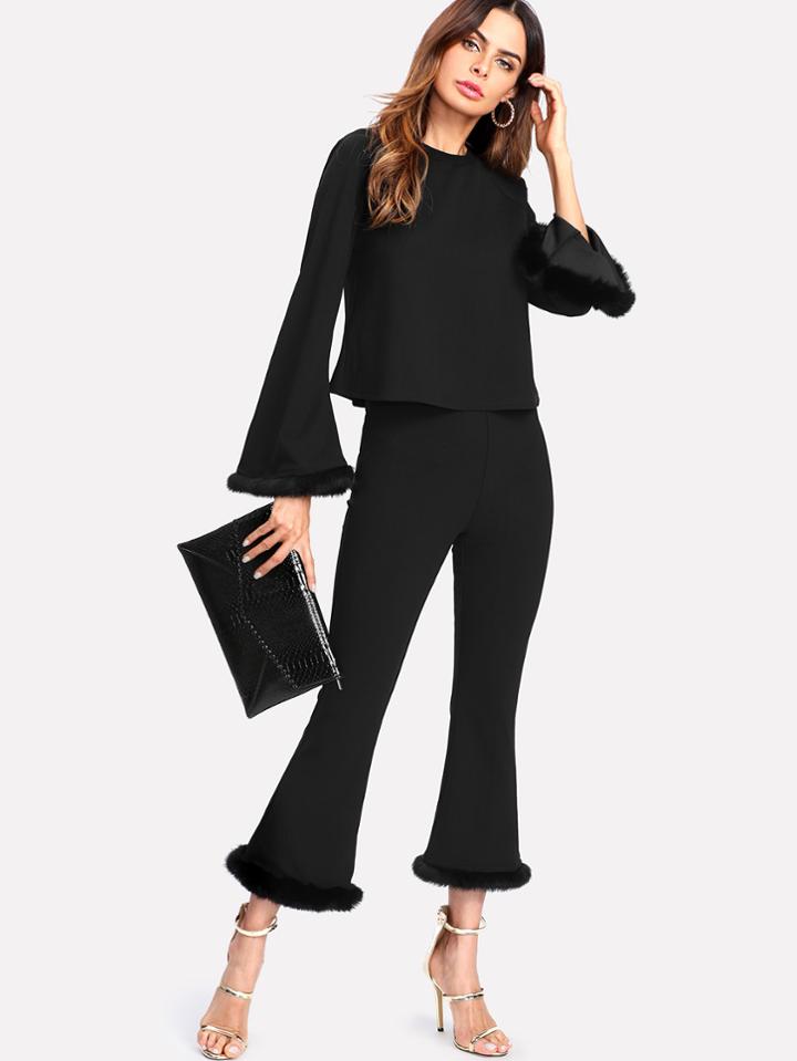 Shein Faux Fur Bell Sleeve Top And Flare Leg Pants Co-ord