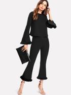 Shein Faux Fur Bell Sleeve Top And Flare Leg Pants Co-ord